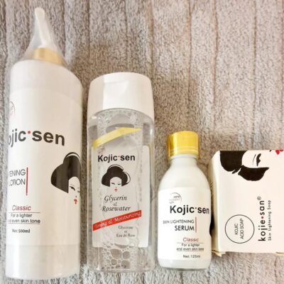 Original Kojie San 4 Piece Set – 1 Bars of Kojic Acid Soap, , Skin Brightening Lotion 500ML, Skin Brightening GLYCERINE & ROSEWATER 275ML , and Kojie San -SERUM 125ML