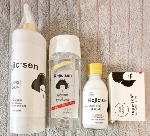 Original Kojie San 4 Piece Set - 1 Bars of Kojic Acid Soap, , Skin Brightening Lotion 500ML, Skin Brightening GLYCERINE & ROSEWATER 275ML , and Kojie San -SERUM 125ML