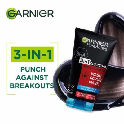 (Original )Garnier Pure Active 3 In1 Charcoal Anti Blackhead Mask Wash Scrub -150ml.